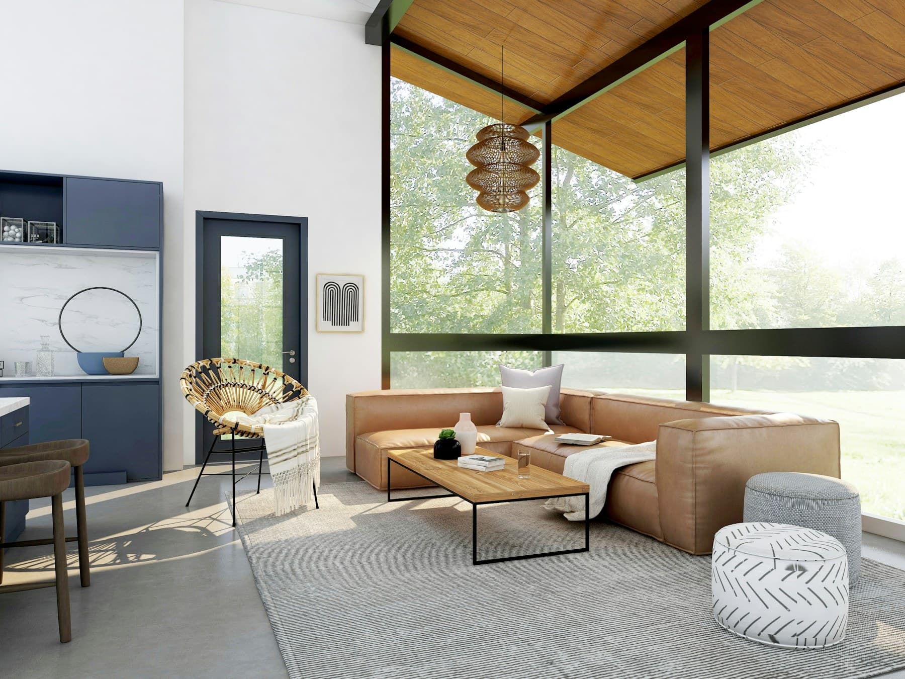 Sunlit contemporary interior with warm wood, plants, and soft neutrals